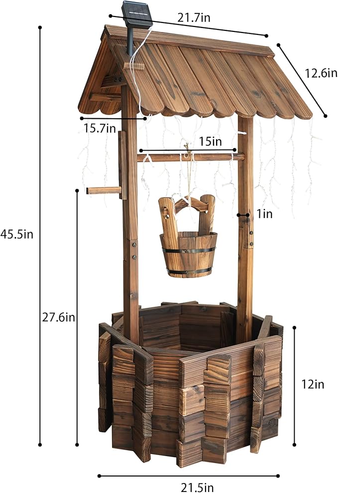 Garden Wooden Decor Rustic Wishing Well with Light Planter Outdoor Home Décor for Patio, Upgrade Wishing Well Garden, Yard Hanging Bucket Patio Lawn Backyard Home Decor-Ruum Studio Home