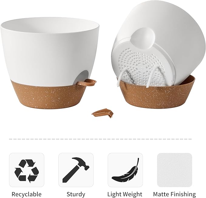 FaithLand 3-Pack Planter Pots, 10 9 8 Inch Self Watering Flower Pots for Indoor Outdoor Garden Plants, White with Brown-Ruum Studio Home