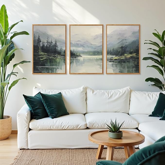 Aurlan Emerald Green Mountain Lake Landscape Framed Wall Art(16"x24"), 3PCS Abstract Forest Nature Canvas Artwork, Large Minimalist Watercolor Modern Pine Trees Scenery Decor for Office Home-Ruum Studio Home