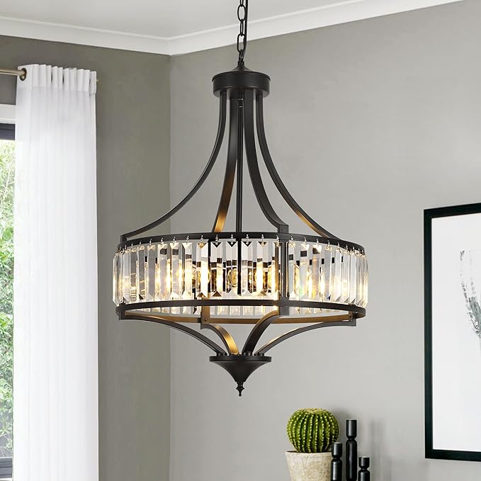 20" Modern Farmhouse Crystal Chandeliers for Dining Room, 5-Light Black Antique Pendant Chandelier, Contemporary Hanging Light Fixture for Living Room Bedroom Foyer Kitchen Island Entryway-Ruum Studio Home