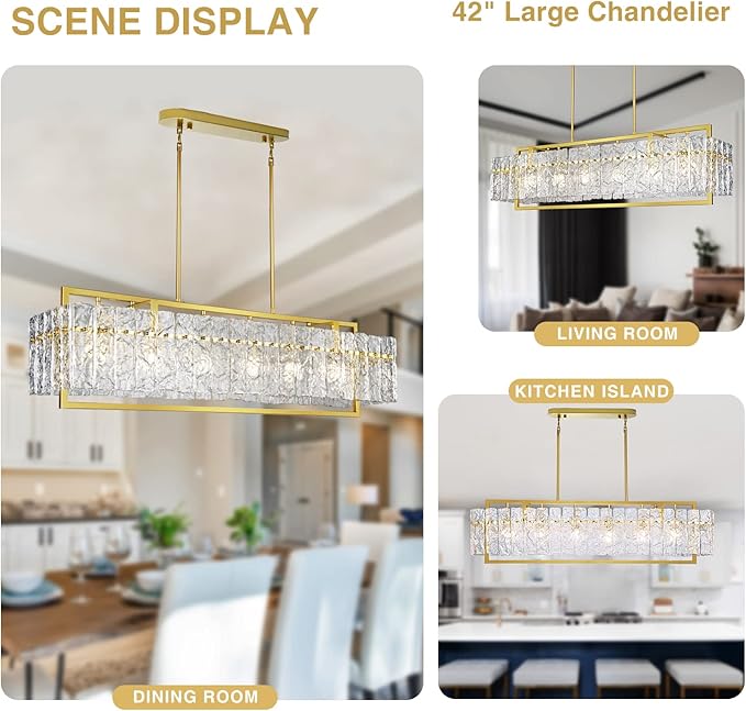 IKK Modern Rectangle Gold Crystal Chandeliers for Dining Room, 42" Large Rectangular Water Ripple Glass Island Light Fixture, Elegant Linear Lighting for Kitchen Island, Living Room, L42 x W11 x H12-Ruum Studio Home