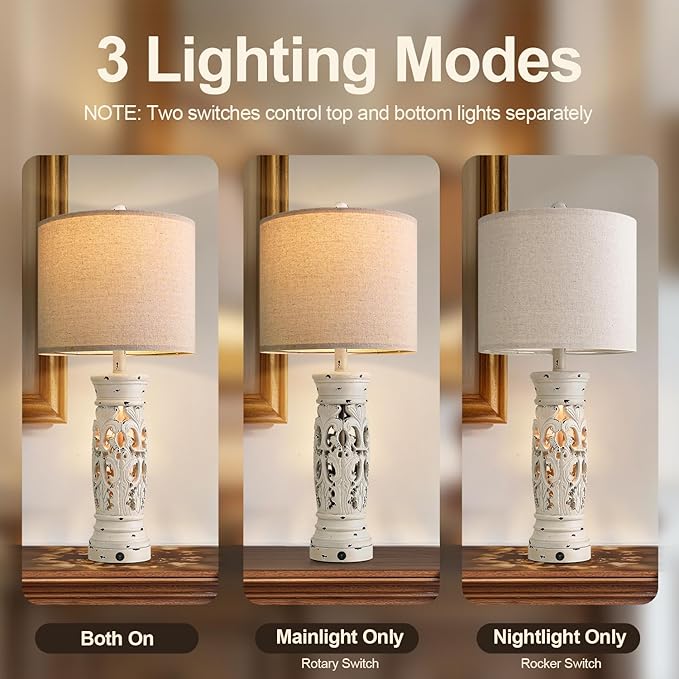 BOBOMOMO 27.25” Farmhouse Table Lamps Set of 2 – Antique White Bedside Lamps with Night Light & USB A+C Ports, Vintage Lamps for Bedroom, Living Room, Entryway, Console Table (Bulbs Included)-Ruum Studio Home