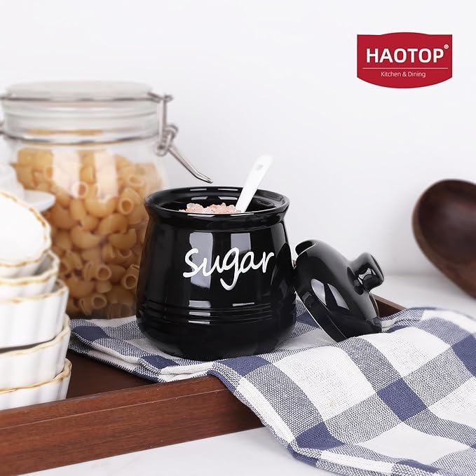 HAOTOP 12oz Sugar Bowl with Lid and Spoon,Ceramic Sugar Jar Sugar Dispenser Sugar Container Coffee Bar Accessories, Kitchen Countertop Canisters, Black-Ruum Studio Home