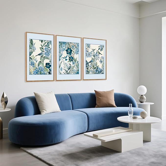 Aurlan Vintage Blue Birds and Botanical Framed Wall Art(24"x36"), 3PCS Classic Chinoiserie Audubon Bird Canvas Artwork, Large Abstract Watercolor Flowers Floral Home Decor for Bedroom Living Room-Ruum Studio Home
