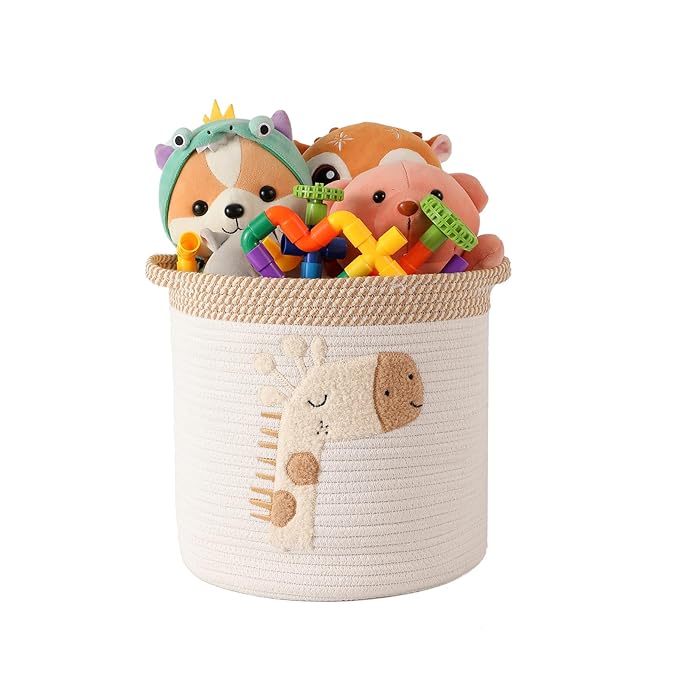 INough Toy Storage Baskets Woven Cotton Rope Storage Basket for Kids, Blanket Baskets for Living Room Toys Organizer with Embroidery Decor, Cute Baskets with Handle for Nursery, Playroom (Giraffe)-Ruum Studio Home