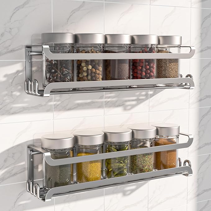 LUCYCAZ 2 Pack Wall Mounted Spice Rack with 16 Hooks, Spice Organizer Shelf for Stove Cabinet Pantry Door,Screw or Adhesive Spice Shelf Hanging Wall Spice Rack in Kitchen and RV (Silver, 2 PACK)-Ruum Studio Home