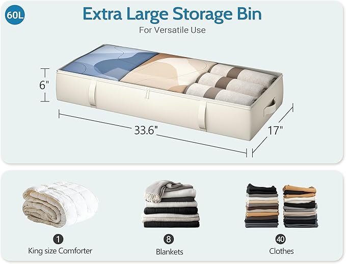 2-Pack Under Bed Storage, 6 Inches Tall Closet Organizers and Storage Bins with Sturdy Sidewalls/Bottom/4 Handles, Beige-Ruum Studio Home