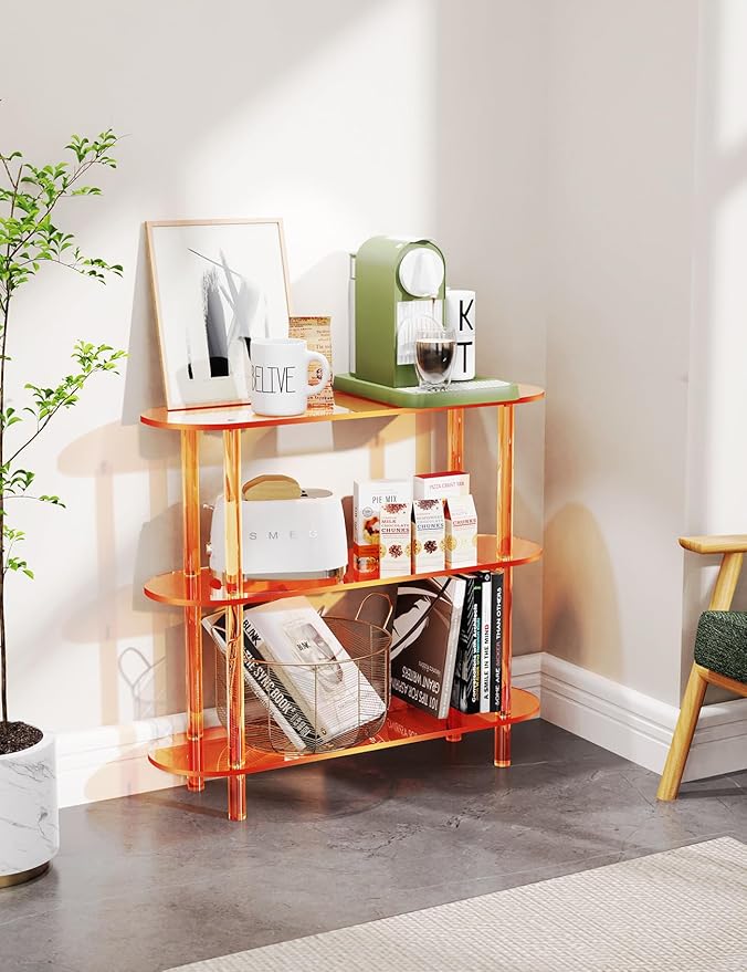 Clear Bookshelf, Acrylic Bookcase with Open Book Shelf for Office Living Room Bedroom (3 Tier Orange)-Ruum Studio Home