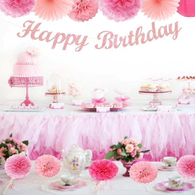 Hot Pink Birthday Party-Decorations Paper-Flowers - 14pcs Happy Banner Girl Lanterns Tissue Pom Poms,Women Streamers Garland Fans,21st 18th Princess Baby Sweet 16 Pretty Hanging Supplies Decor Hugfond-Ruum Studio Home