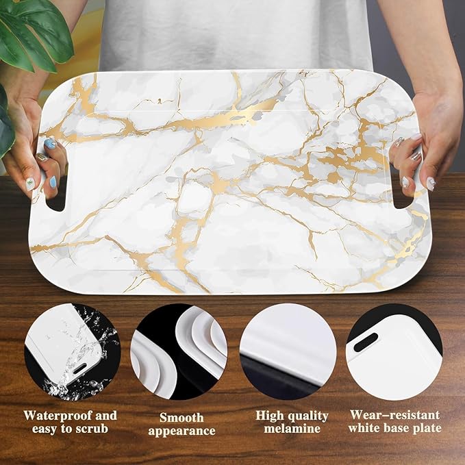 Serving Trays with Handles, 14.5 x 9.8 inch Rectangular Plastic Tray for Restaurant, Kitchen, Golden White Marble-Ruum Studio Home