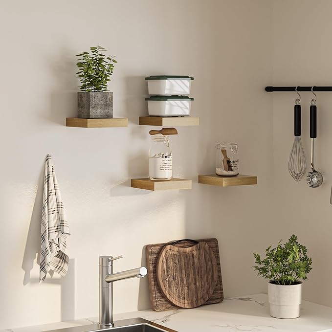 Square Floating Shelves for Wall, 8" W x 8" D x 1.2" H, Small Wooden Wall Mounted Display Shelves with Invisible Brackets for Living Room, Bedroom, Bathroom, Kitchen Decor, Set of 4, Oak-Ruum Studio Home