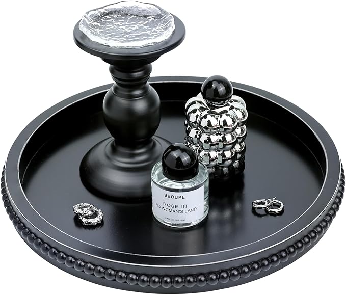 Round Black Wood Serving Tray with Beads, Wooden Decorative Tray for Entertaining, Decoration, and Gifting,-Ruum Studio Home