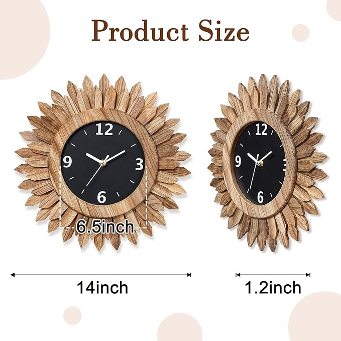 Honiway 14 Inch Wall Clock, Rustic Wood Boho Sunburst Decorative Wall Clocks Battery Operated Silent Non Ticking Farmhouse Small Wall Clocks for Living Room Kitchen Bedroom Home Decor (Rustic Brown)-Ruum Studio Home