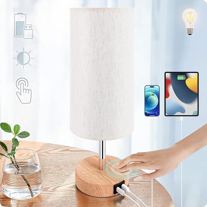 Yarra-Decor Bedside Lamp with USB A+C Port - Touch Control Table Lamp for Bedroom Wood 3 Way Dimmable Nightstand Lamp with Round Flaxen Fabric Shade for Home Office (LED Bulb Included)-Ruum Studio Home