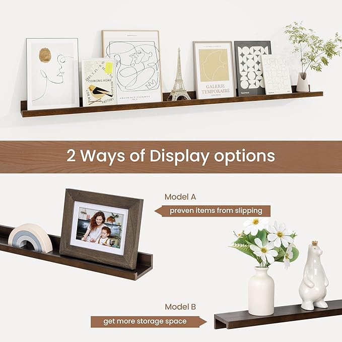 Picture Ledge Shelf, Solid Pine Wood Floating Shelves Set of 2, 48 Inches Nursery Book Shelves for Toys Storage, Kids Bookshelf Wall Mounted for Living Room Bedroom Decor Books Photo Frames, Walnut-Ruum Studio Home