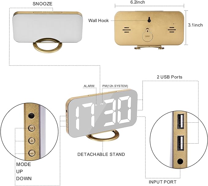 SZELAM Digital Alarm Clock,LED and Mirror Desk Clock Large Display,with Dual USB Charger Ports,3 Levels Brightness,12/24H,Modern Electronic Clock for Bedroom Home Living Room Office - Gold-Ruum Studio Home