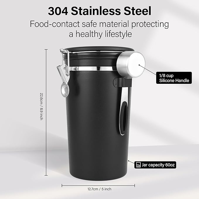 malmo Coffee Canister Set of 3, Airtight Coffee Container with Date Tracker Lid, Stainless Steel Canister for Kitchen Food Storage (Black, 180oz)-Ruum Studio Home