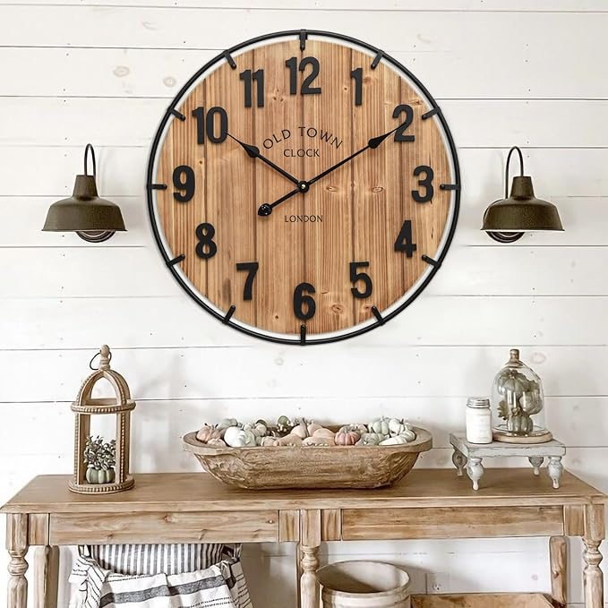 Large Old Town Farmhouse Wall Clock 24 Inch Rustic Antique Wood with Metal Circle and Large Numerals Silent Battery Operated Wall Clock for Office Kitchen Bedroom Living Room-Ruum Studio Home
