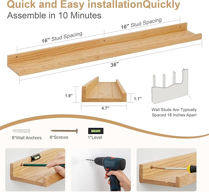 Floating Picture Ledge Shelves 36 Inch Solid Oak Wood Set of 2, Rustic Wall Storage Shelves with Lip, Kids Bookshelf, Photo & Picture Ledge Shelves for Bedroom, Living Room, Kitchen-Ruum Studio Home