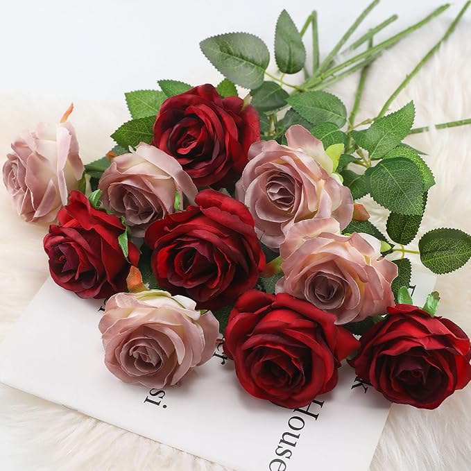 Burgundy Fake Roses Artificial Flowers - 10 Pcs Fake Artificial Roses Silk Flowers with Stems for Home Wedding Hotel Office Centerpiece Decor（Burgundy）-Ruum Studio Home