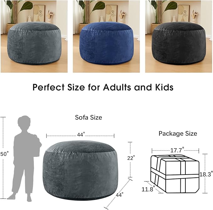 Bean Bag Chairs for Adults - Memory Foam Furniture BeanBag Chair - Kids/Teens Sofa with Soft Micro Fiber Cover - Round Fluffy Couch for Living Room Bedroom College Dorm - 4 ft, Grey-Ruum Studio Home