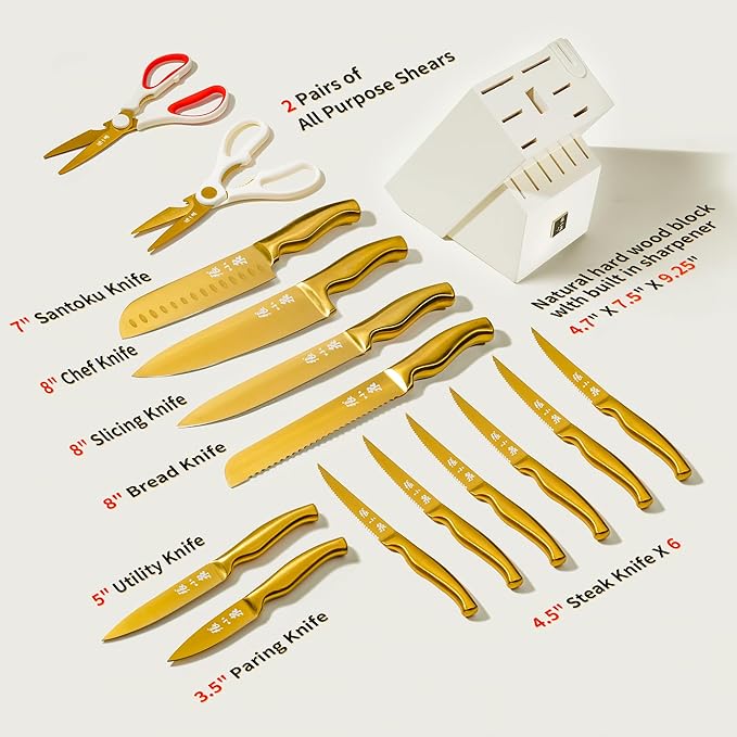 ZHANG XIAO QUAN SINCE 1628 15Pcs Knife Sets with Block, 50Cr15MoV Stainless Steel kitchen knife set with Built-in Sharpener Dishwasher Safe(Golden)-Ruum Studio Home