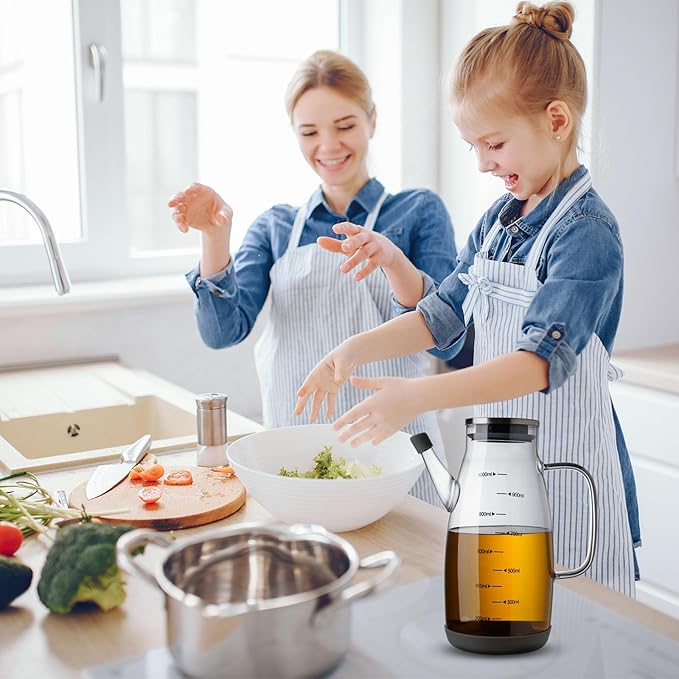 Large Glass Oil Dispenser Bottle for Kitchen Cooking Recipiente Para Aceite De Cocina Olive Oil Vinegar Dispenser Cruet Stainless Steel Lid No Drip Liquid Container (Grey, 34oz /1000ml)-Ruum Studio Home