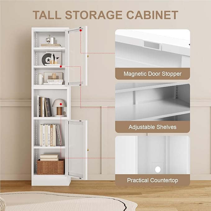 67" Tall Bathroom Storage Cabinet, Narrow Metal Floor Cabinet with Glass Door and Adjustable Shelves, Freestanding Metal Locker for Laundry, Kitchen, Dining Room-Ruum Studio Home