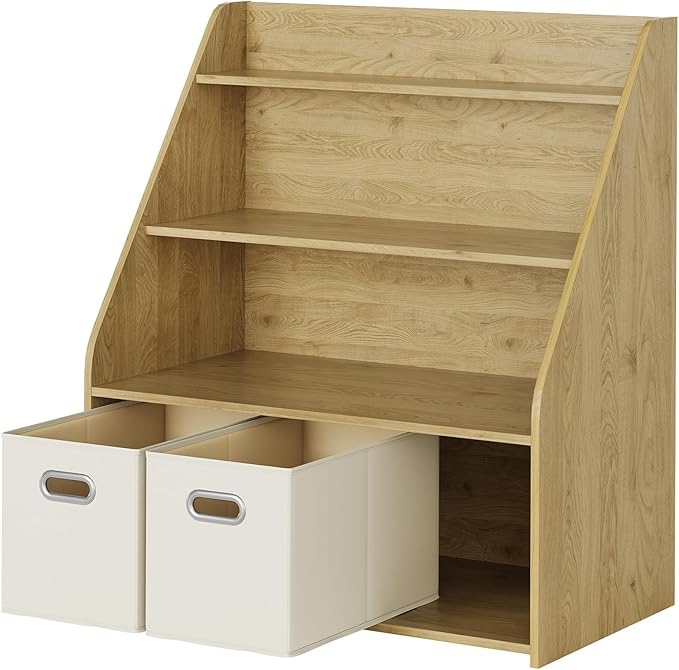 Kids Bookshelf and Toy Organizer, 3-Tier Toy Storage Organizer with 3 Movable Drawers, Montessori Toy Shelf, Nursery Book Shelves Toddler Bookshelf for Kids Room Living Room Nursery-Ruum Studio Home
