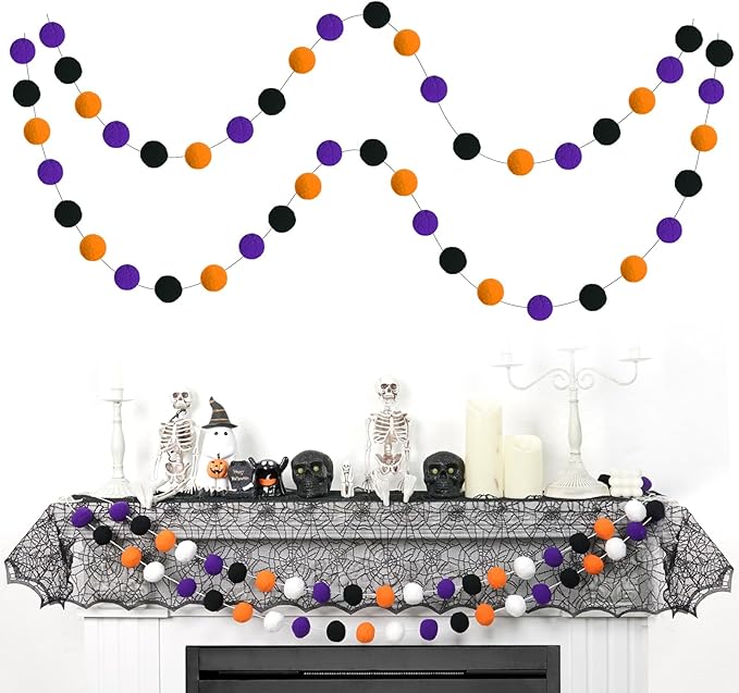 TBD Decor 2pk Halloween Decorations Pom Pom Garland,13FT Colorful Large Felt Ball Garland,Cute Hanging Halloween Party Decorations for Mantle,Indoor Birthday Party Supplies-Ruum Studio Home