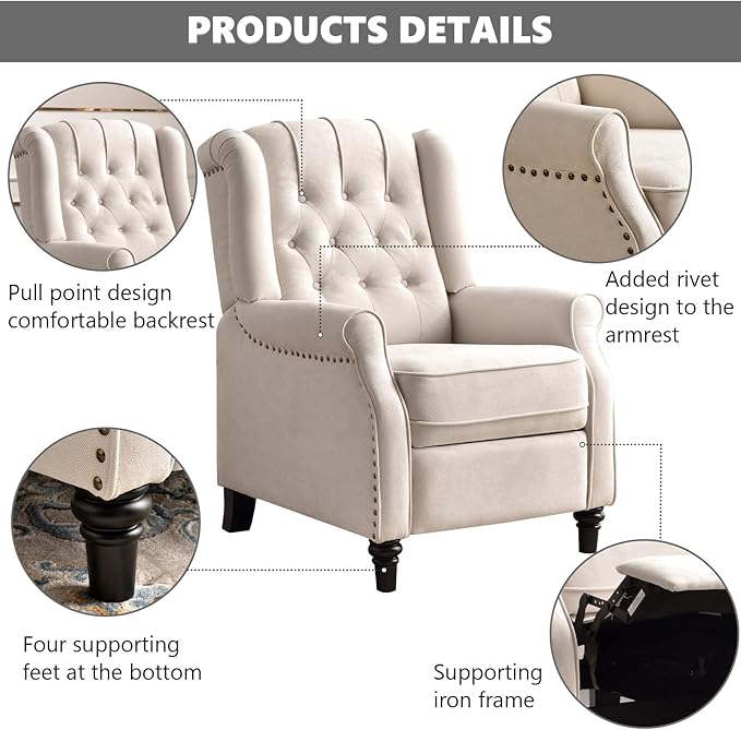 CANMOV Push Back Recliner Chair,Accent Chair,Mid Century Wingback Recliner, Fabric Push Back Recliner Chair Single Armchair Sofa with Rivet Decoration, Button-Tufted Back for Living Room, White-Ruum Studio Home