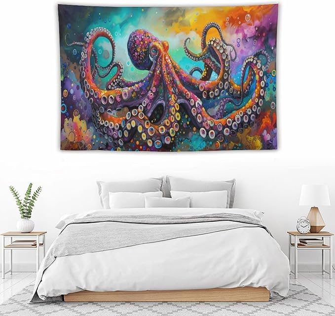 Octopus Tapestry Octopus Tapestries Ocean Navy Coastal Fabric Wall Hanging Aesthetic Space Indoor Outdoor Wall Art Tablecloth Bedspread for Bedroom Dormitory Living Room Home Decor 40"x60"-Ruum Studio Home