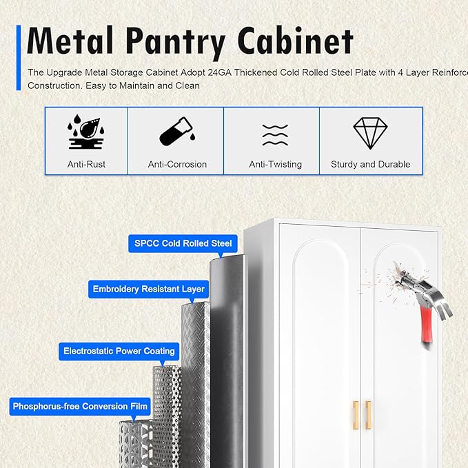 60" Tall Kitchen Pantry Cabinet, Metal Pantry Cabinet with Doors and Adjustable Shelves, White Utility Storage Cabinet with Handles for Dining Room, Bathroom, Laundry Room - Assemble Required-Ruum Studio Home