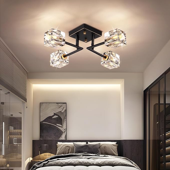 Modern Crystal Ceiling Light,Semi Flush Mount Ceiling Light Fixture with 4-Lights,Black and Gold Sputnik Chandeliers for Bedroom,Dining Room,Farmhouse Kitchen,Office,Entryway Hallway-Ruum Studio Home