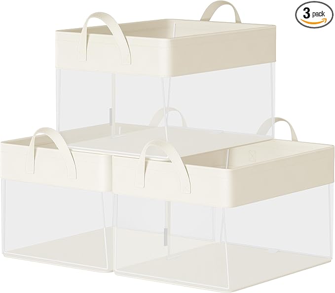 SONGMICS ClosetOrganizers Set of 3, Medium Fabric Storage Baskets, Foldable Organizer with Transparent Nylon Mesh, 15.7 x 11.8 x 9.8 Inches, Handles, for Bedroom, Living Room, Cream White URFB940W01-Ruum Studio Home