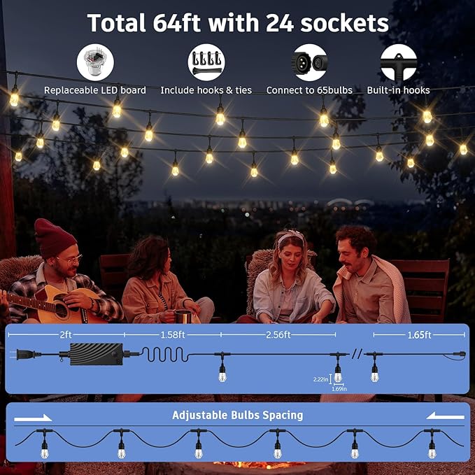 XMCOSY+ Smart Outdoor String Lights - 64ft RGBCWIC Patio Lights with 24 Color Changing Bulbs, LED String Light for Outside Backyard Bistro Party, APP WiFi Control, Work with Alexa, IP65 Waterproof-Ruum Studio Home