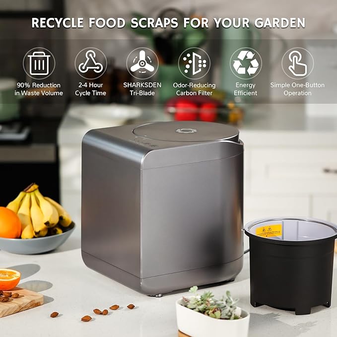 Airthereal Revive Electric Kitchen Composter, SHARKSDEN Tri-Blade, Turn Food Waste and Scraps into Dry Compost Fertilizer for Plants, R500 Gray-Ruum Studio Home