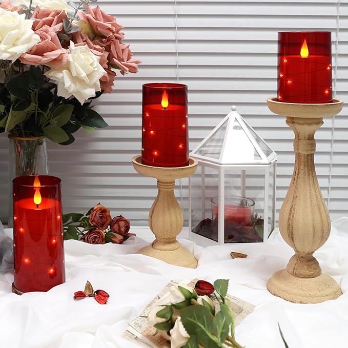 NURADA Flickering Flameless Candles: Built-in Star String Lights Battery Operated LED Pillar Candles with Remote and Timer Romantic Decorations for Wedding Party Christmas Halloween - Red 3 Pack-Ruum Studio Home
