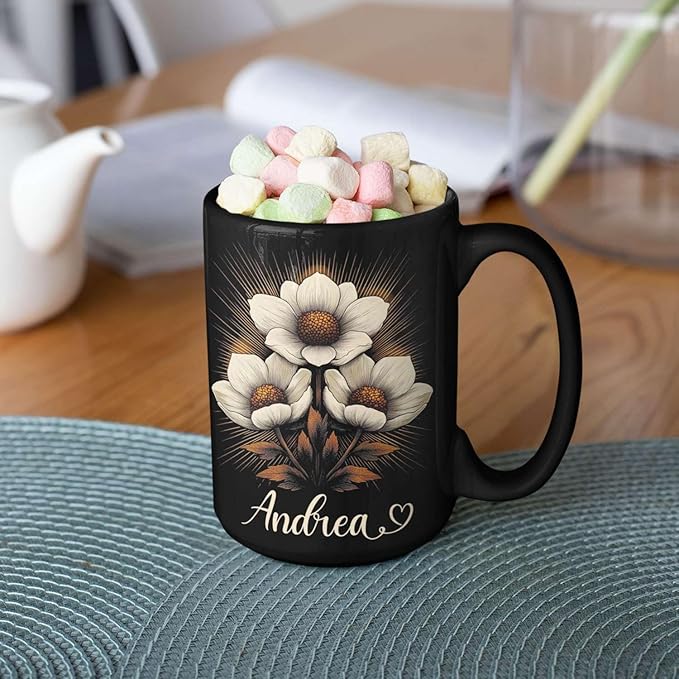 Personalized Nature Inspired Coffee Mug, Custom Name Black Cup 11oz or 15oz, Elegant Flower Ceramic Mug for Gardeners, Custom Floral Themed Coffee Cup, Gifts for Flower Lovers-Ruum Studio Home