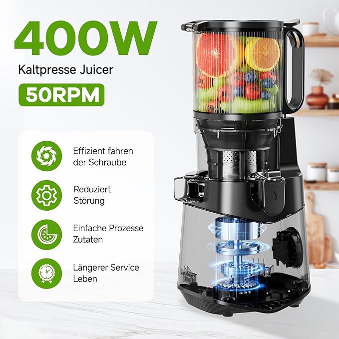 Cold Press Juicer, 5.3" Wide Feed Chute Juice Extractor Machine with 400W, High Juice Yield, Slow Masticating Juicer for Whole Vegetables & Fruits, Deep Grey-Ruum Studio Home