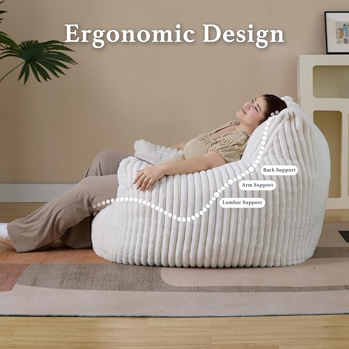 Giant Plush Bean Bag Chair for Adults with Armrests - Oversized Comfy Beige Beanbag Lounge Lazy Floor Sofa Accent Chair for Living Room, Bedroom & Dorm, Cozy Fluffy Single Cloud Mini Couch-Ruum Studio Home