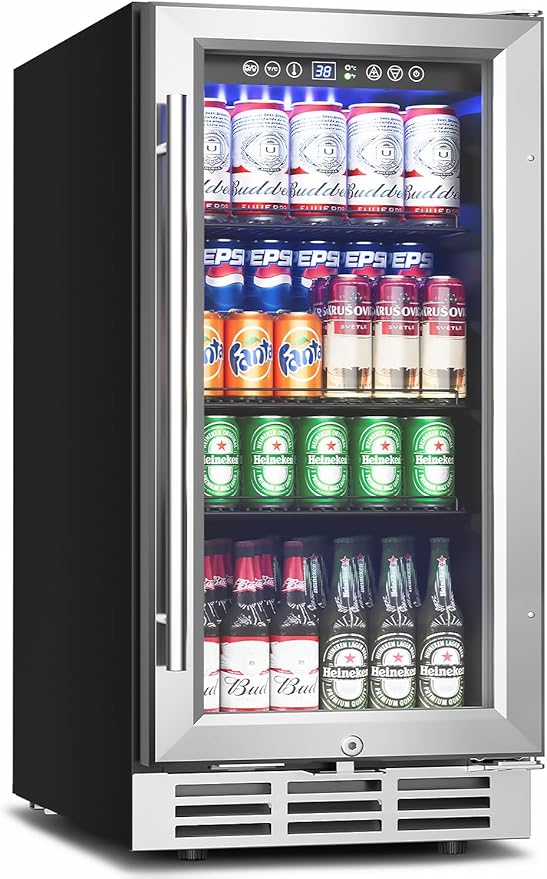 15 Inch Beverage Refrigerator Under Counter - 126 Cans Beverage Fridge with Glass Door for Beer Wine Soda - Built-in or Freestanding Wine Cooler with Safety Lock for Home Kitchen Bar-Ruum Studio Home