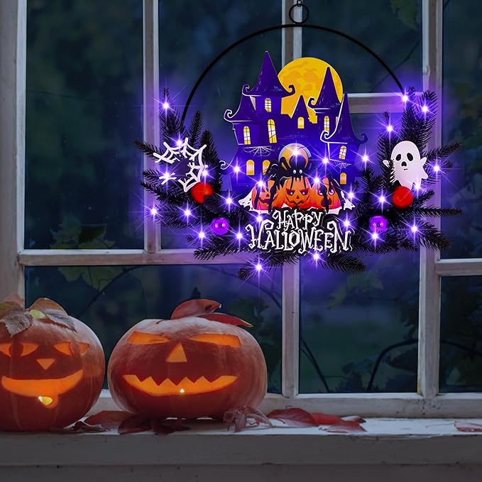 Lighted Halloween Wreaths for Front Door, Welcome Metal Wooden Door Wreath Decor Hanging Sign, 30 LED Lighted Wall Decor Battery Operated for Halloween Indoor Outdoor (Spider)-Ruum Studio Home