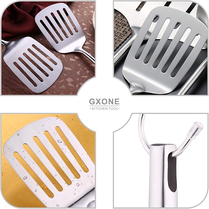 Stainless Steel Slotted Spatula,Cooking Utensil For Kitchen Use With Hollow Handle,Silver/14.9Inch-Ruum Studio Home