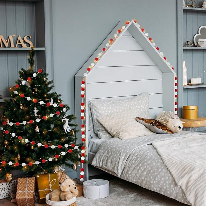 Jishi 3-Pack Pom Pom Garland Red and White Felt Ball Ornament Garland Christmas Decorations, Cute Pompom Strings for Christmas Tree Decor, Xmas Holiday Party, Birthday Banner - 6.6 Feet Long, 24 Balls-Ruum Studio Home