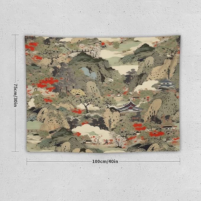Asian Tapestry, Japanese Red Landscape, Bedroom & Living Room Decor, 40"x30"-Ruum Studio Home