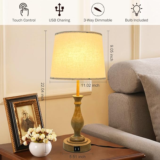 Farmhouse Table Lamp Touch Control 3-Way Dimmable Table Lamp, Modern Nightstand Lamp with 2 USB Port Bedside Desk Lamp with Fabric Shade for Living Room (Pack 1-Beige Shade & Touch)-Ruum Studio Home