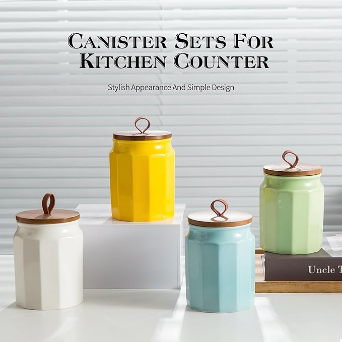 Canister Sets for Kitchen, Kitchen Canisters for Countertop with Airtight Wood Lid, Ceramic Food Storage Containers and Sugar Container for Coffee, Flour, Tea, Candy, Cookie, Spice-Ruum Studio Home