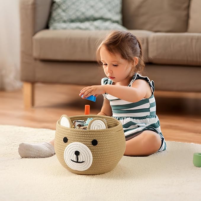PandaEar Cotton Rope Baby Basket, Baby Gift Basket Nursery Laundry Organizer with Cute Bear Design for Storage Infant Newborn Essentials, Diaper Caddy with Handle (Brown)-Ruum Studio Home