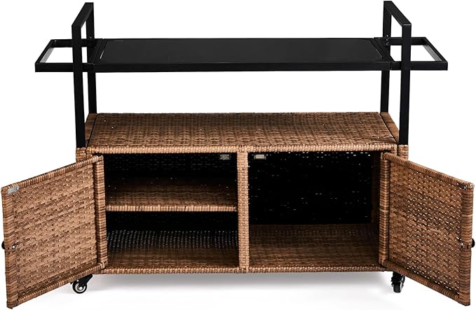 VINGLI Wicker Outdoor Bar Cart with Storage and Wheels, Outdoor Bar Table Serving Cart Rattan Bar Cart with Glass Top and Shelf for Pool, Party, Backyard, Porch (Brown)-Ruum Studio Home